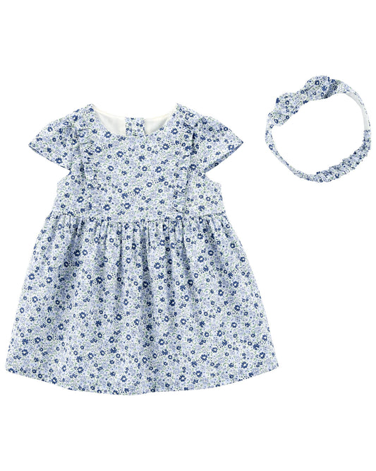 Conjunto de vestido con estampado floral para bebé y pañuelo para la cabeza