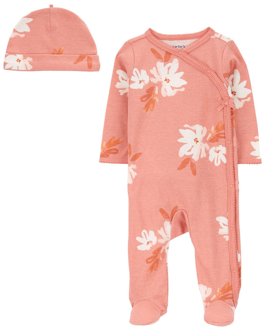 Juego de pijama y gorra florales para dormir y jugar de 2 piezas para bebés